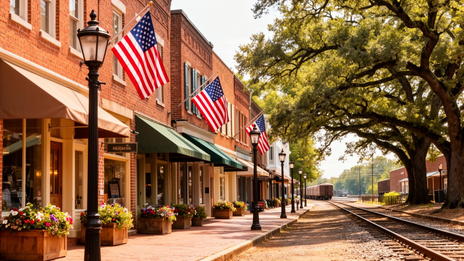 Restored brick storefronts and American flags along Main Street in downtown Kennesaw, Georgia