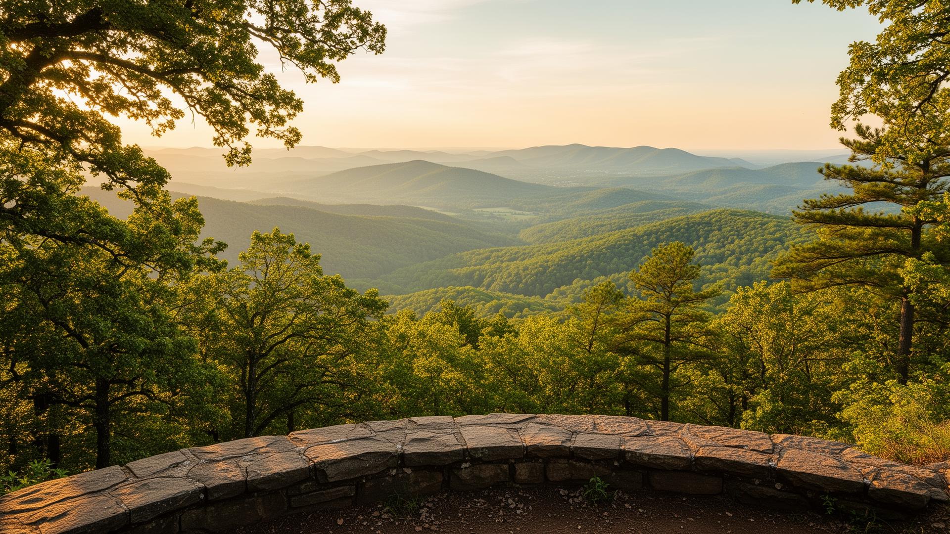 Sunset view from Kennesaw Mountain over the rolling green hills of Northwest Georgia