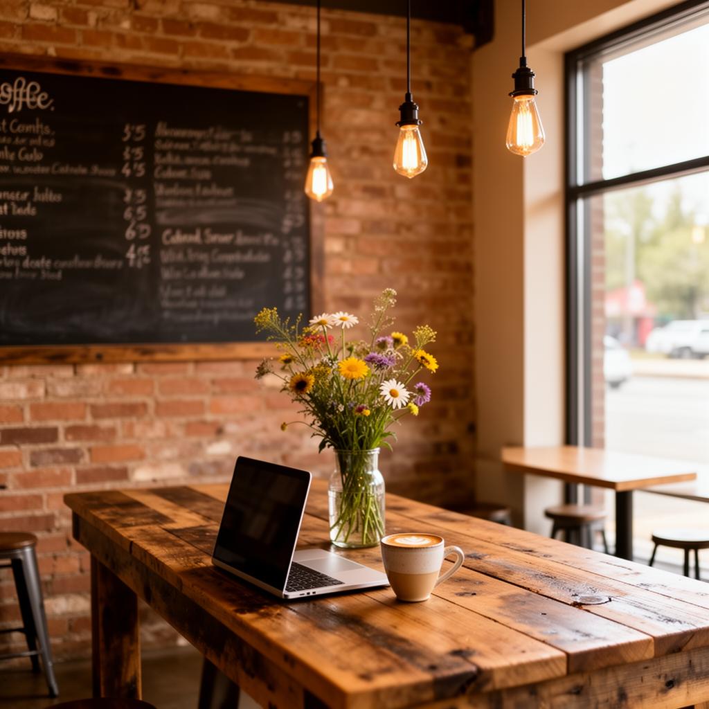 A warm independent coffee shop with reclaimed wood and wildflowers — the feel of a local conversation
