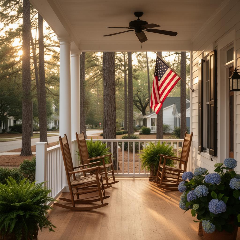 A quiet Southern porch with rocking chairs and hydrangeas, a Kennesaw neighborhood